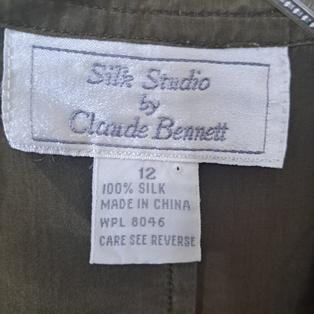 Silk Studio Claude Bennett 12 Olive Skirt Suit Open Jacket 100% Silk - Picture 2 of 13